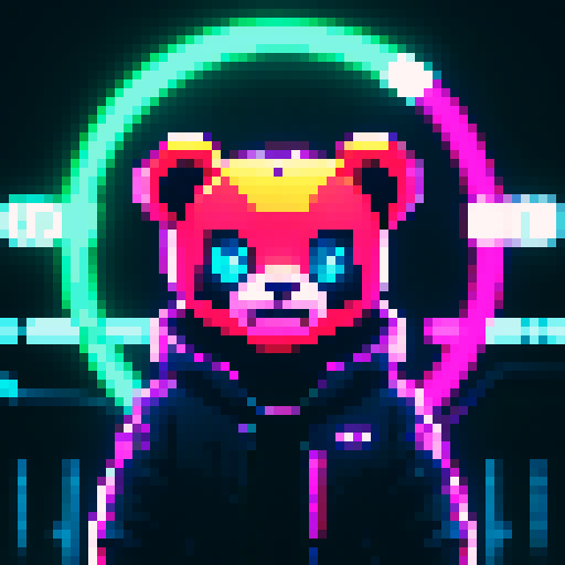 Fierce smiling teddy bear, blade runner, cyberpunk, aetherpunk, cloudy, dark colors, neon lights in background
