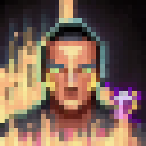 "32x32 pixelated avatar hero wielding a glowing sword, charging towards a menacing dragon amidst a stormy, purple-hued sky."