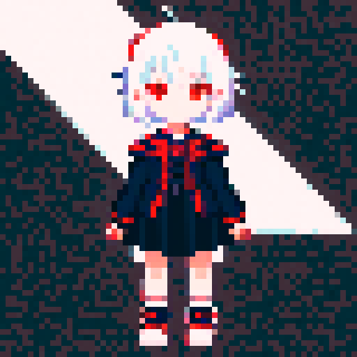girl, white hair, anime, red eyes, short, loli, young, evil, pixel art, sRGB
