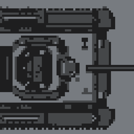 Top-down pixel art tank with large turret, noticeable treads, camouflage color scheme of greens and grays, blocky retro design showcasing armor plating and barrel detail in a pixel art style