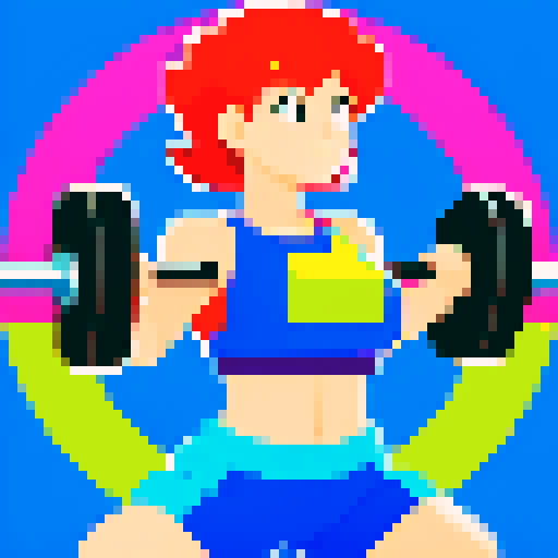 woman in vibrant, energetic gym attire, lifting weights with determination, surrounded by a retro-inspired pixel art background, showcasing a vivid sRGB color palette