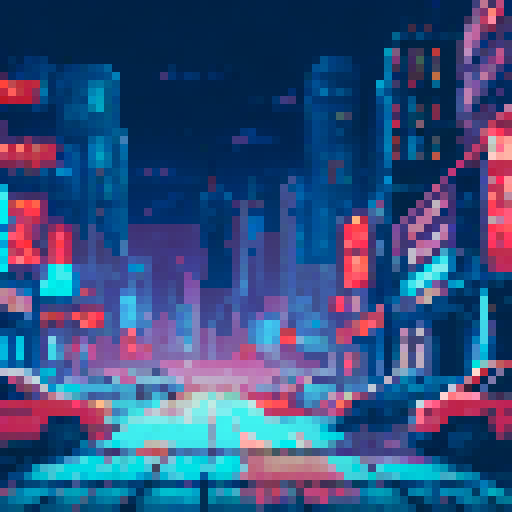 scavenger, broken neon signs in an abandoned city of towering skyscrapers, illuminated only by flickering holograms and polluted air, with abandoned vehicles scattered in the background - all portrayed in dark, sRGB pixel art style
