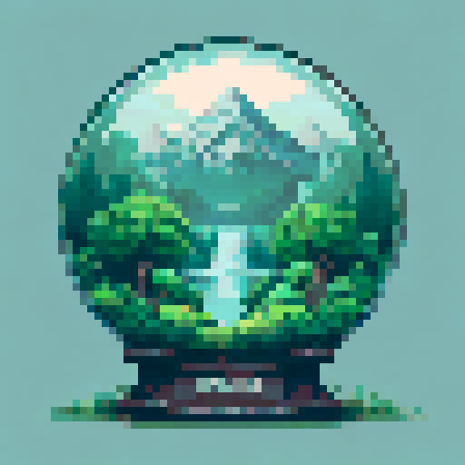 A circular glass dome containing a serene landscape.
At the center, a tall, majestic mountain with jagged peaks stands against a pastel sky.
In front of the mountain, a cascading waterfall flows into a calm river surrounded by lush green trees.
The foreground features various green plants, bushes