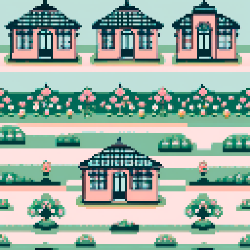 pixel art a grid of 4 circles each containing an illustration of a Victorian conservatory in a floral garden cottagecore style pixel art cute sweet folk 