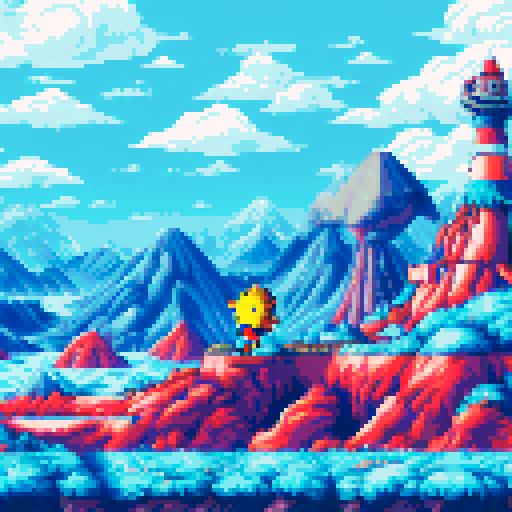 Pokemon, Chrono Trigger, vibrant colors, detailed sprite, towering mountains, flowing rivers, ocean, lighthouse, retro charm, pixelated characters, whimsical creatures, magical abilities, epic adventures, nostalgic journey, sRGB, pixel art, background, landscape