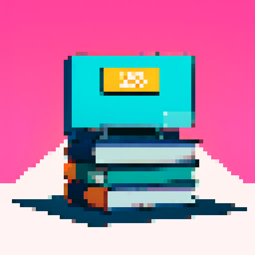 books icon, vibrant colors, retro aesthetic, pixelated design, minimalistic style, symmetrical composition, 8-bit graphics, book stack, bookshelf, vintage look, sharp edges, bold outlines, high contrast, limited color palette, small details, square format, textured background, nostalgic feel