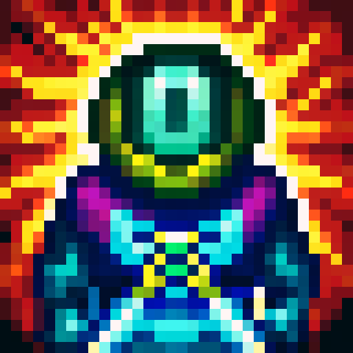 Space station AI portrait icon, vibrant colors, retro pixel art, detailed shading, futuristic design, glowing eyes, metallic texture, 32x32 resolution, sRGB palette, close-up view, skillfully crafted, intense expression