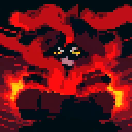 Undead lich with blazing fire, ominous aura, in a pixelated anime portrait