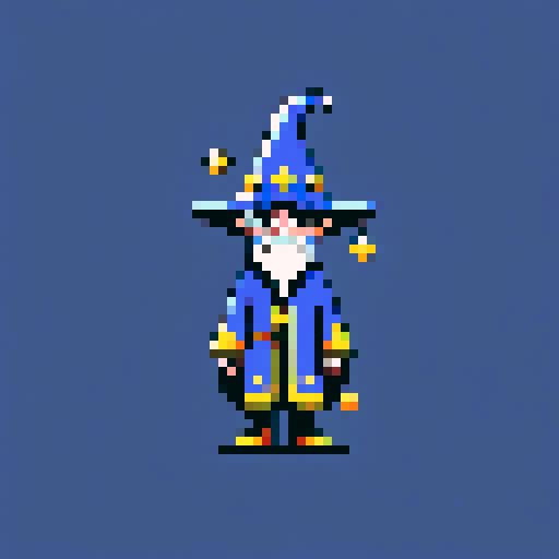 Create a pixel art character of a whimsical wizard . The wizard should wear a blue robe covered with yellow stars and a matching pointy hat. He should have a playful grin
