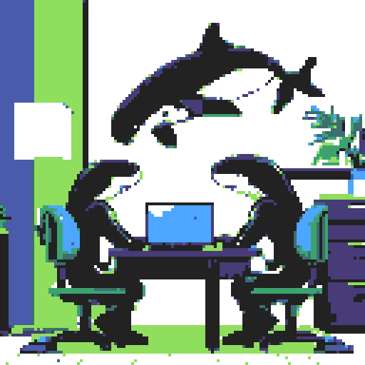killer whales with sleek black and white bodies, working diligently at a desk adorned with vibrant pixel art, their laptops emitting a mesmerizing display of sRGB colors