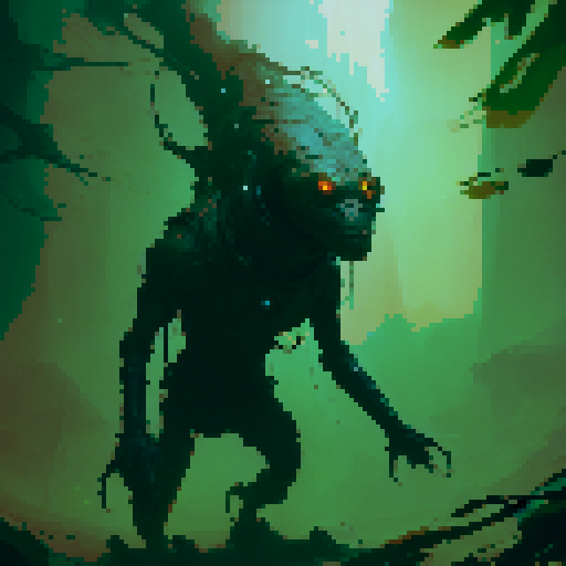 A giant walking tree with a demon face, several long limbs on his head and arms