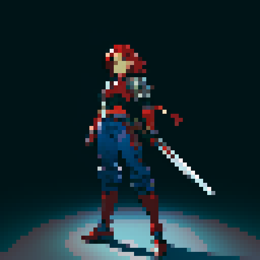 Sprite of a JRPG character with red hair, silver armor, blue pants and black shoes, holding a sword.