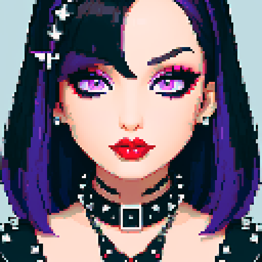 curvy, cute goth cat girl face, black hair, purple eyeshadow, red lipstick, studded leather, face portrait, glamour shot, vibrant sRGB colors, pixel art