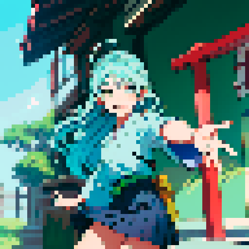 Name: Maihara Fuuka
Age: Around 20
Hair: cyan long hair, vivid eyes with a smile.  
Eyes: winking, expressing cute and some kind of tricking.
Clothing: wearing skirt.
Pose: Only one hand shaking to you, smiling, and the other hand is putting behind back. Seems like verying welcoming. Stooping slightly.
Other Details: You can imagine this character as a high school girl appearing in Japanese animtion. Pay attention that no extra Japanese elements are needed. Clear facial expression