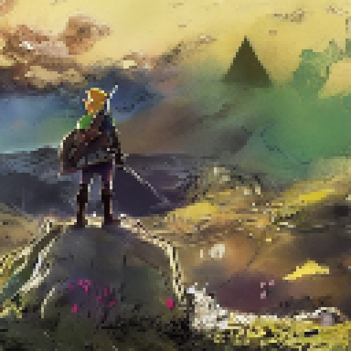 Link from legend of zelda standing on a mountaintop overlooking Hyrule field