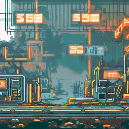 Run-down, apocalyptic atmosphere with dilapidated machinery and sparks flying in a pixel art, sRGB, background landscape of a Futuristic robot factory Towering metal structures and cracked concrete floors create an eerie ambiance, illuminated by flickering neon lights Rusty conveyor belts and broken windows reveal shattered glass, while discarded robot parts lie among overgrown vines Eerie shadows dance across abandoned control panels, with parallax effects adding depth to the scene