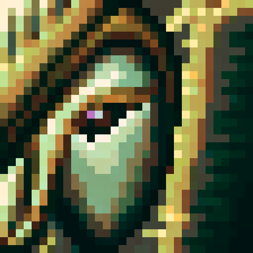 Dark, menacing eyes peering out from a shadowy hood, sharp fangs bared, surrounded by swirling purple mist and glowing runes, all captured in the iconic style of a 32x32 pixel art game portrait