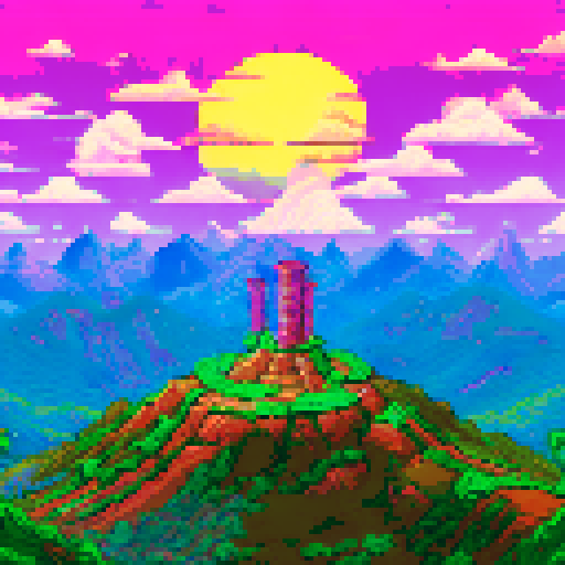 A rich farmer, adorned in expensive pimp attire, stands on top of a pile of gold bullion, surrounded by a pixelated backdrop of rolling hills and azure skies in vibrant sRGB hues
