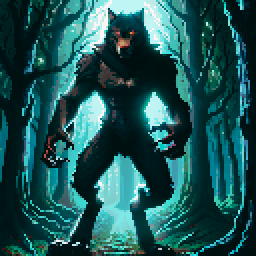a werewolf, standing in the forest, red eyes, slightly bent forward