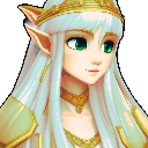 beautiful illustrious Elf Queen, golden-sun hair with white, comforting, welcoming look, ceremonial regal clothes of the elven royalty, pixel art, sRGB