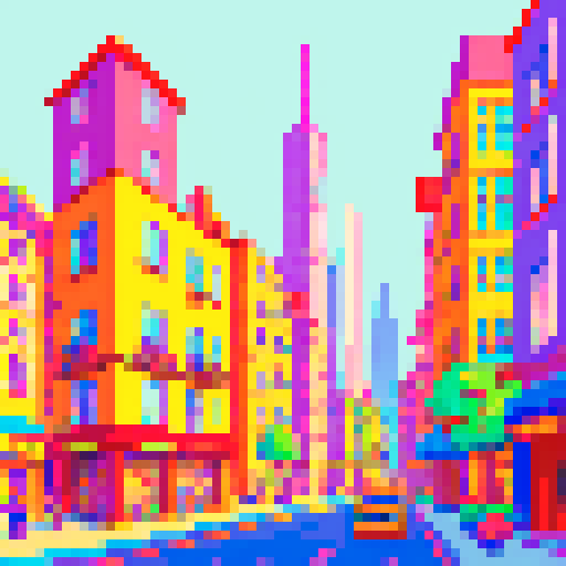 hello, a vibrant and colorful pixel art depiction of a lively cityscape with towering buildings and bustling streets, capturing the essence of sRGB