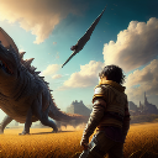 Eren from atack on titan, ready for battle with sword and shield, confronts a ferocious dragon-like beast in a sun-drenched wheat field, with a rustic barn and towering silo looming in the background, all rendered in a highly detailed and textured Fantasy RPG style.