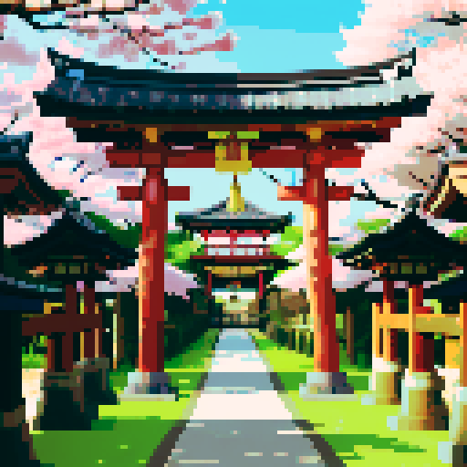 golden shinto shrine, torii gate, vibrant cherry blossom trees, lanterns glowing, traditional architecture, intricate details, large shimmering golden chest in background, pixel art, sRGB