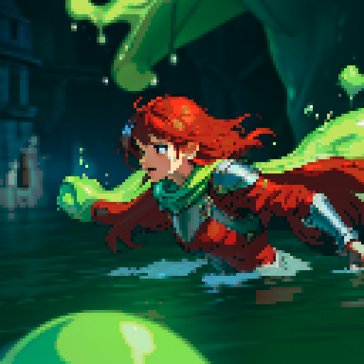 hero sinking into slime, hero drowning in slime, hero has red hair, hero has silver armor