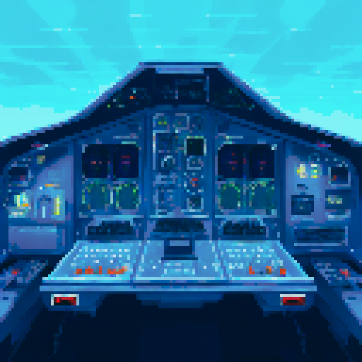 spaceship cockpit interior, blinking lights, knobs, dials, looking out into space, first person view, moody atmosphere