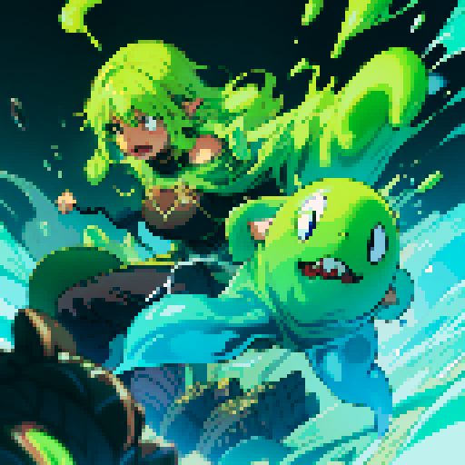 slime surging up around someone, slime engulfing a hero, slime consuming a hero, hero getting engulfed by slime, slime attack, dynamic, slime slamming into someone, impact, splashing slime, full-body image, full-body art, hero's hair and clothing color vary