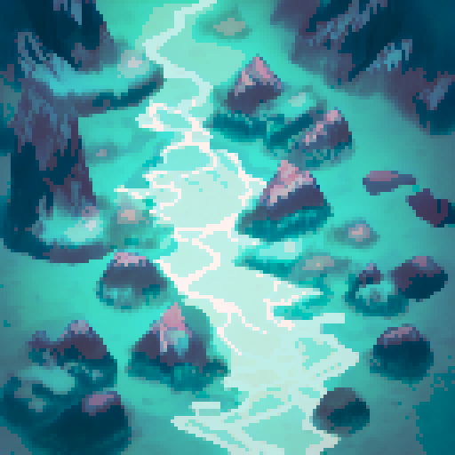 billowing northern lights reflected in a frozen river between high mountains over icy tundra and pines neon blue and pink with dark colors too