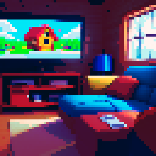 n64 game console in cozy room with the image of a cabin on the screen saying "start", red solo cup, party aftermath in room
