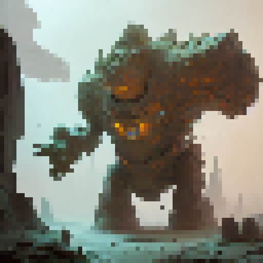 Rustic, earthy, and gritty.

        A towering Stone Golem emerges from the misty forest, its rough rocky exterior adorned with glowing emerald moss and veins of molten lava.