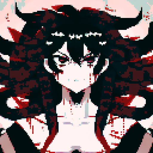 Half-demon warrior with long black hair cascading down their back, captivating fusion of contrasting elements, red eyes reflecting fierce determination and vulnerability, attire blending traditional and modern influences from human and demon cults, character portrait, close up, anime style, pixel art