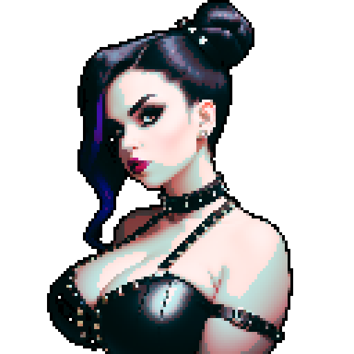 curvy, busty goth girl with studded collar, wearing halter top, hair in buns, in a full face portrait with a glamour shot aesthetic, against a moody tile backsplash, capturing an edgy pixel art style in sRGB