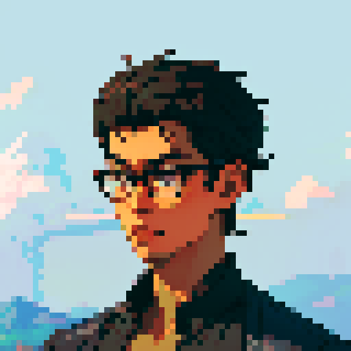 Southeast Asian man, short curly hair, round glasses, tanned