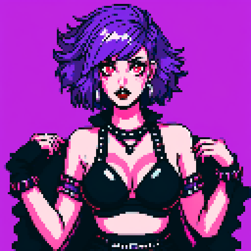 busty goth girl, with purple hair, black eyeshadow and red lipstick. wearing bikini and studded collar, sexy glamour shot, vibrant srgb colors, edgy aesthetic
