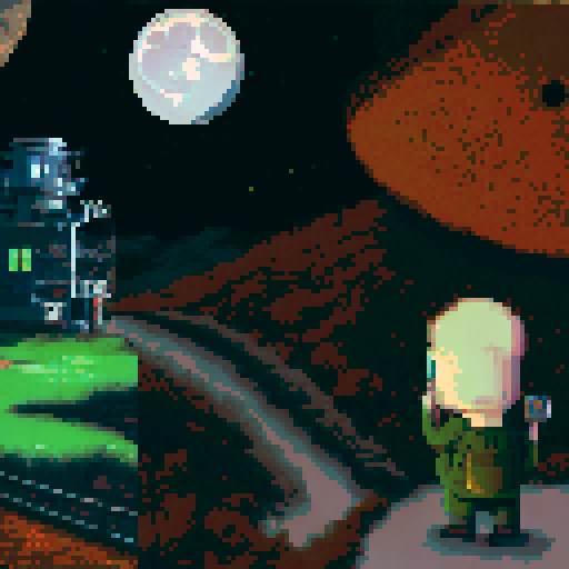 the main protagonist, gurney as seen in the bottom right is on a hill looking over a desolate area with sparse plant life up in flame. We see the back of his head, with his square jaw and a cigarette in his mouth, a golden gun in his hand. in the distance is a large laboratory, which has smoke coming out of it and a hole in the top. The sky is full of starts, a moon and a distant alien planet. Gurney must be present
