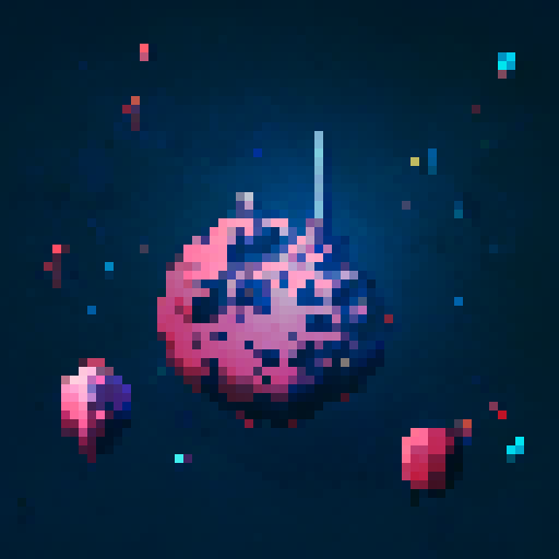 2d lifeless asteroid in empty space, retro aesthetic, pixelated details, wireframe outlines, geometric shapes, low-resolution textures, pixel art style, sRGB color space View from above. 