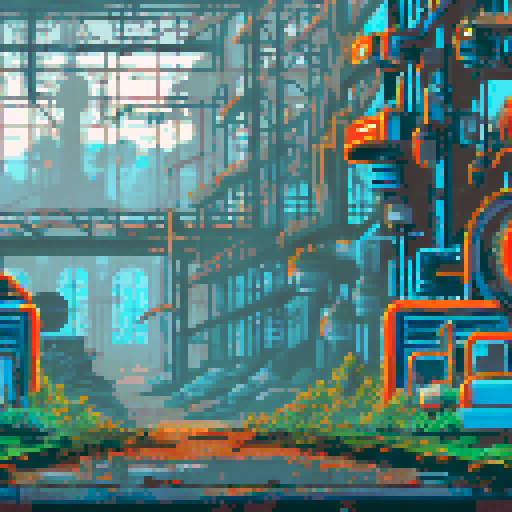 run-down, apocalyptic atmosphere, pixel art, inside of a Futuristic robot factory, sRGB, pixel art, background, landscape, dilapidated machinery, sparks flying, smog-filled air, towering metal structures, cracked concrete floors, flickering neon lights, rusted conveyor belts, broken windows, shattered glass, discarded robot parts, overgrown vines, eerie shadows, abandoned control panels