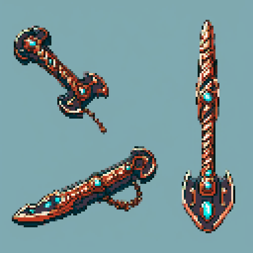I want the blade of an ancient magical chainsaw constructed out of copper and gems. It should look huge (10 meters long at least), very complex and expensive, and very old. I also want this object usable an asset in a videogame, meaning only one object per image, outlined with a strong black stroke, on a solid-color background.