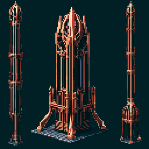 I want a tall vertical copper structure reminiscent of a organ pipe. It should have strange mechanical details that could interlock with each other. I also want this object usable an asset in a videogame, meaning only one object per image, outlined with a strong black stroke, on a solid-color background.