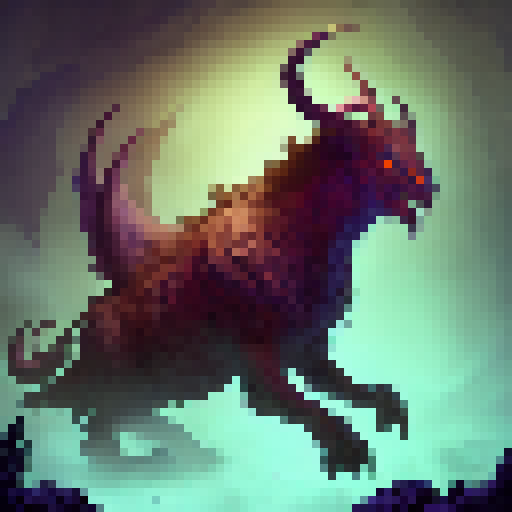 A towering, horned creature with shimmering scales and glowing eyes emerges from the shadows, ready to defend its treasure hoard in the midst of a dungeon crawl.