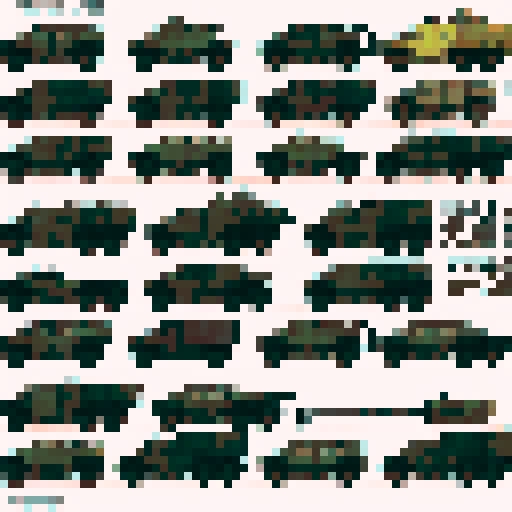 armored tank, camouflaged colors, rugged tracks, turret with a cannon, smoke rising from the exhaust, shiny metallic armor, military insignia, battle-ready weaponry, intricate details, vibrant pixelated hues, realistic shading