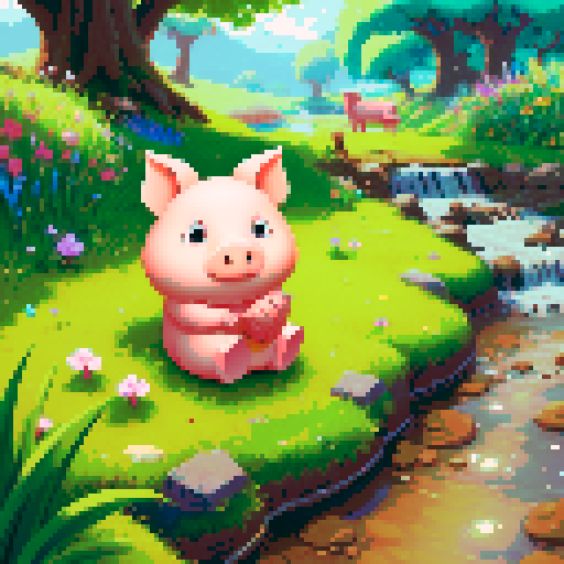 wise pig character , sitting  next to a small stream flowing through a large field, in a vibrant and detailed fantasy RPG art style