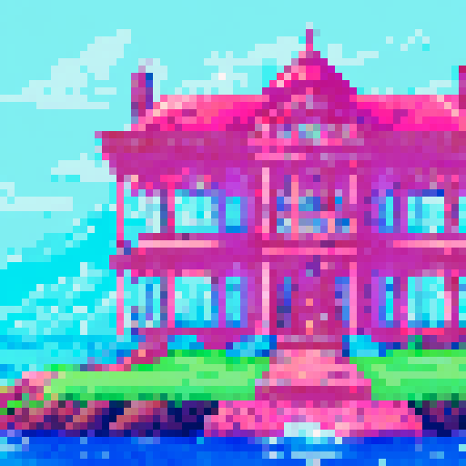 whimsical, colorful, vibrant, mansion by the sea, sRGB, pixel art, background, landscape