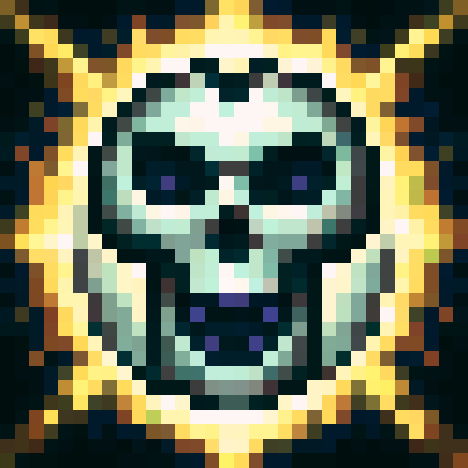 skull, game icon, 32x32 pixel art, sRGB, skill art, close up, portrait, glowing eyes, cracked bone, intricate details, vibrant colors, shadowy background, pixelated texture, menacing expression, symmetrical design