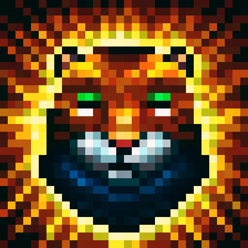 tiger face, game icon, 32x32 pixel art, sRGB, skill art, close up, portrait, fierce expression, vibrant orange fur, piercing yellow eyes, defined black stripes, intense level of detail