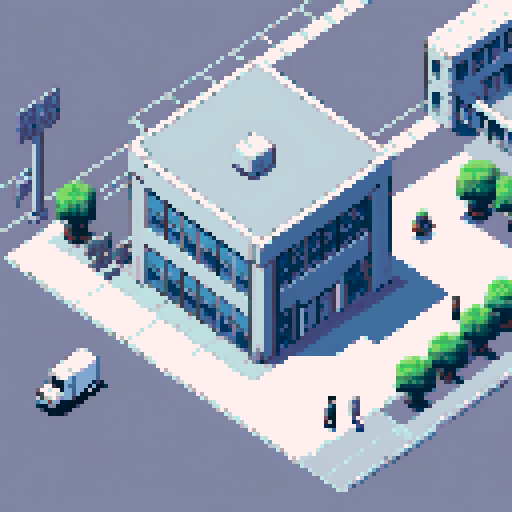 A large steel-structured warehouse stands beside a two-story white office building. We see the player character, a new worker at Emazon, walking towards the warehouse entrance accompanied by MR KHAN, the HR representative.