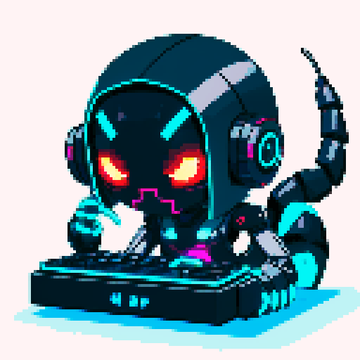 cute cyberpunk scorpion with human head, human head is anime inspired with expressive eyes, and a playful smile, scorpion is playing computer games, tables with coca cola, scorpion's tail should be fully in the picture, bright yellow and cyan and light blue lights, looking from 45 degrees